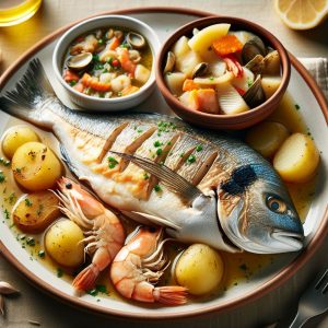 Corvina a Baja Temperatura con Suquet de Mariscos y Patatas Confitadas