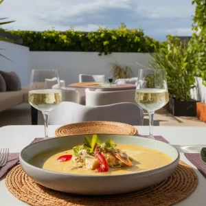 Vichyssoise de puerro y coco con salmon ahumado y langostino